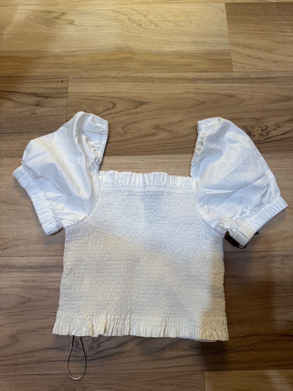 DKNY White Cotton Smocked Puff Sleeve Top